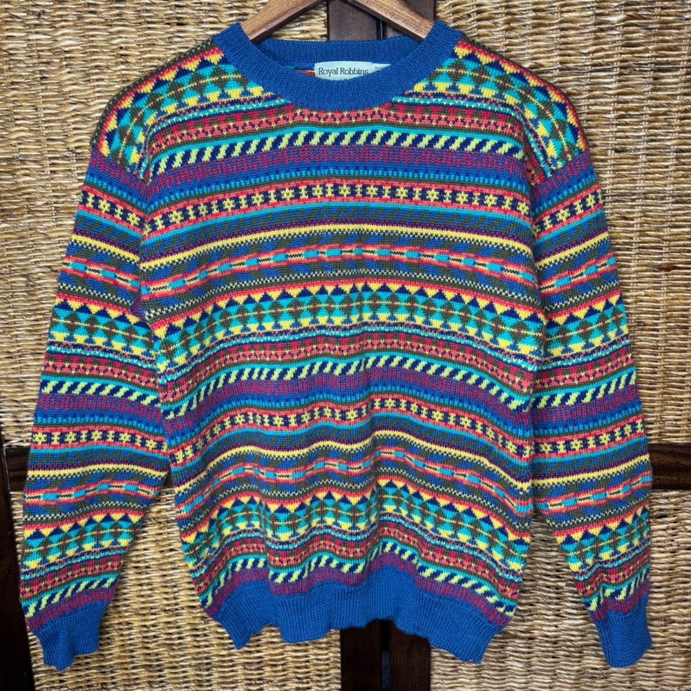Royal Robbins Vintage 100% Wool Fair Isle Colorful Sweater Mens Medium Cabin